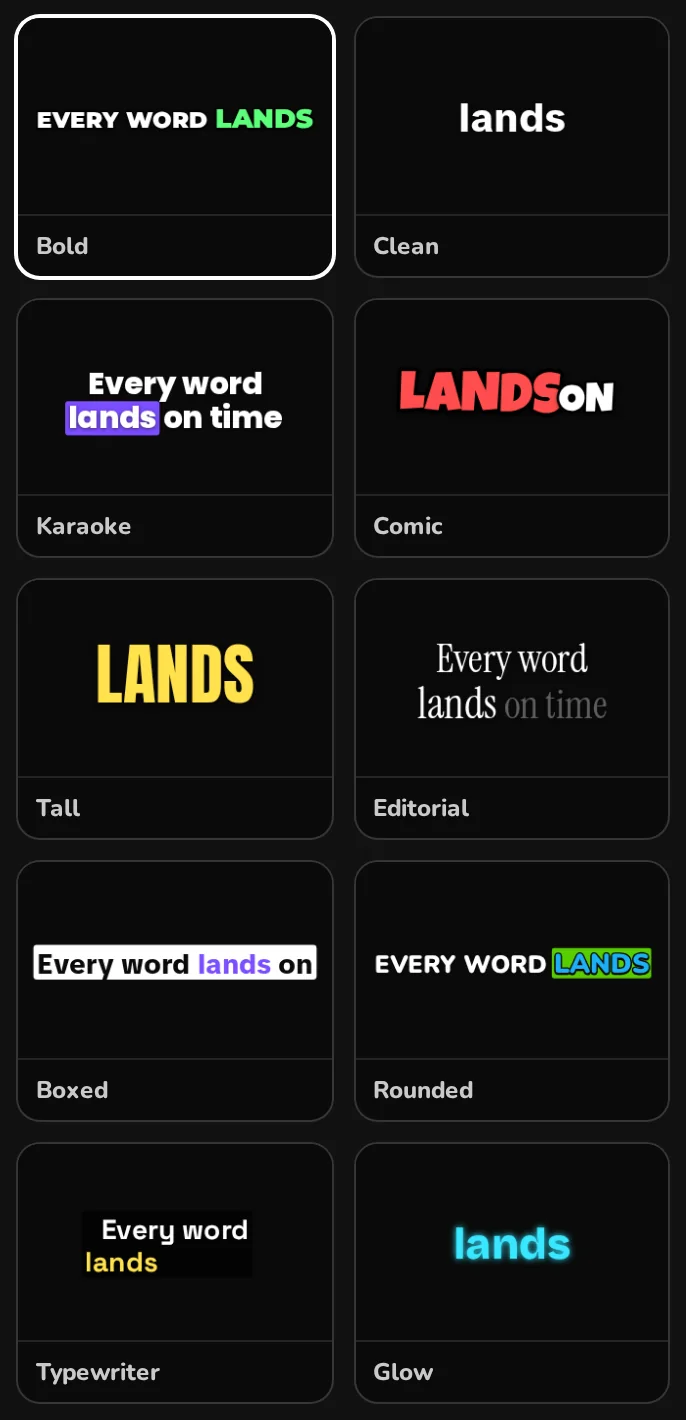 The ten caption presets in the studio, each with a live thumbnail