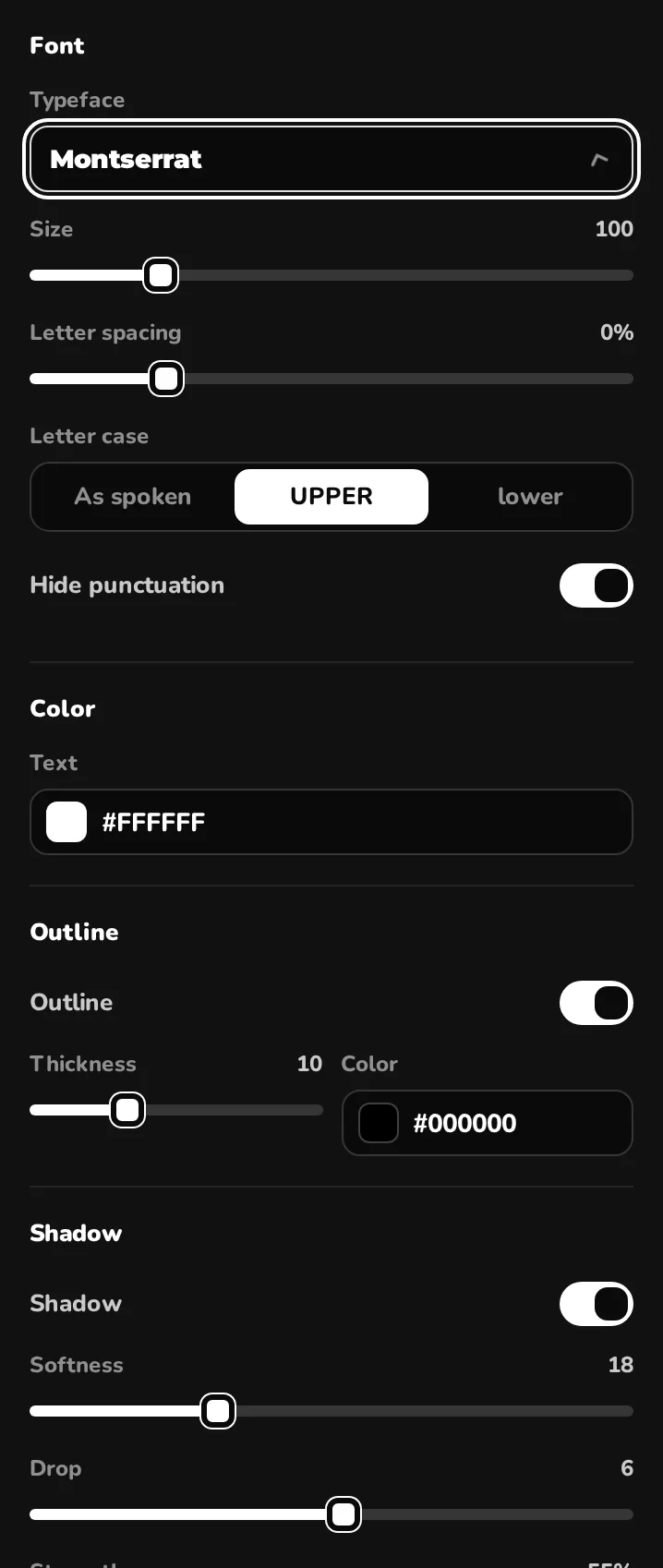 Text settings: typeface, size, letter spacing, case, colour, outline, shadow and background box