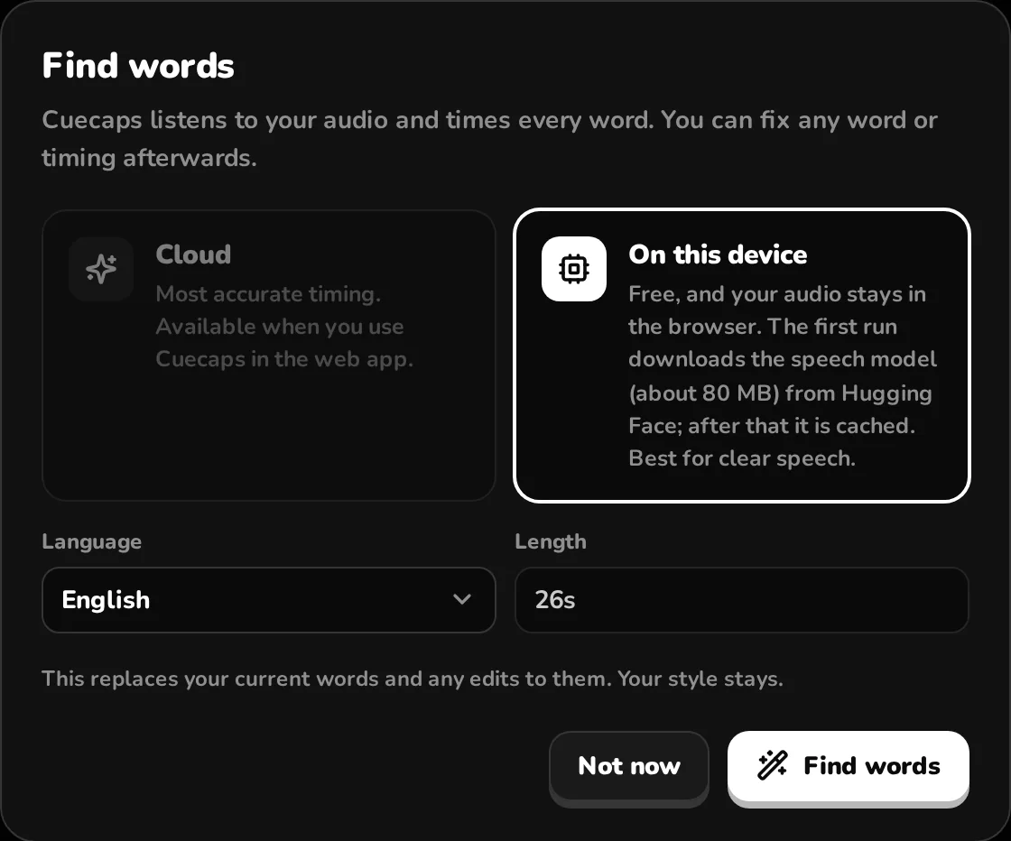 The Find words dialog: cloud or on this device, language and names to spell correctly
