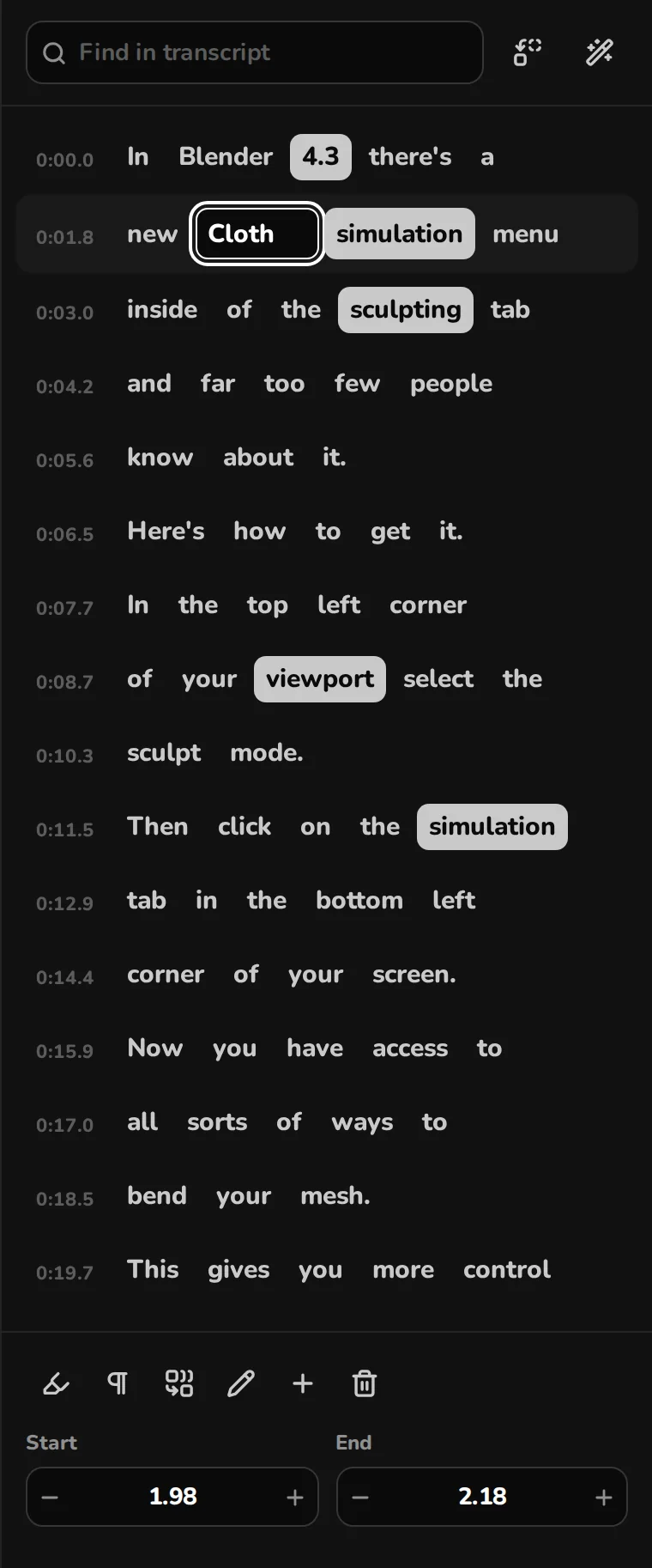 Transcript panel with the word 'windowless' open for editing